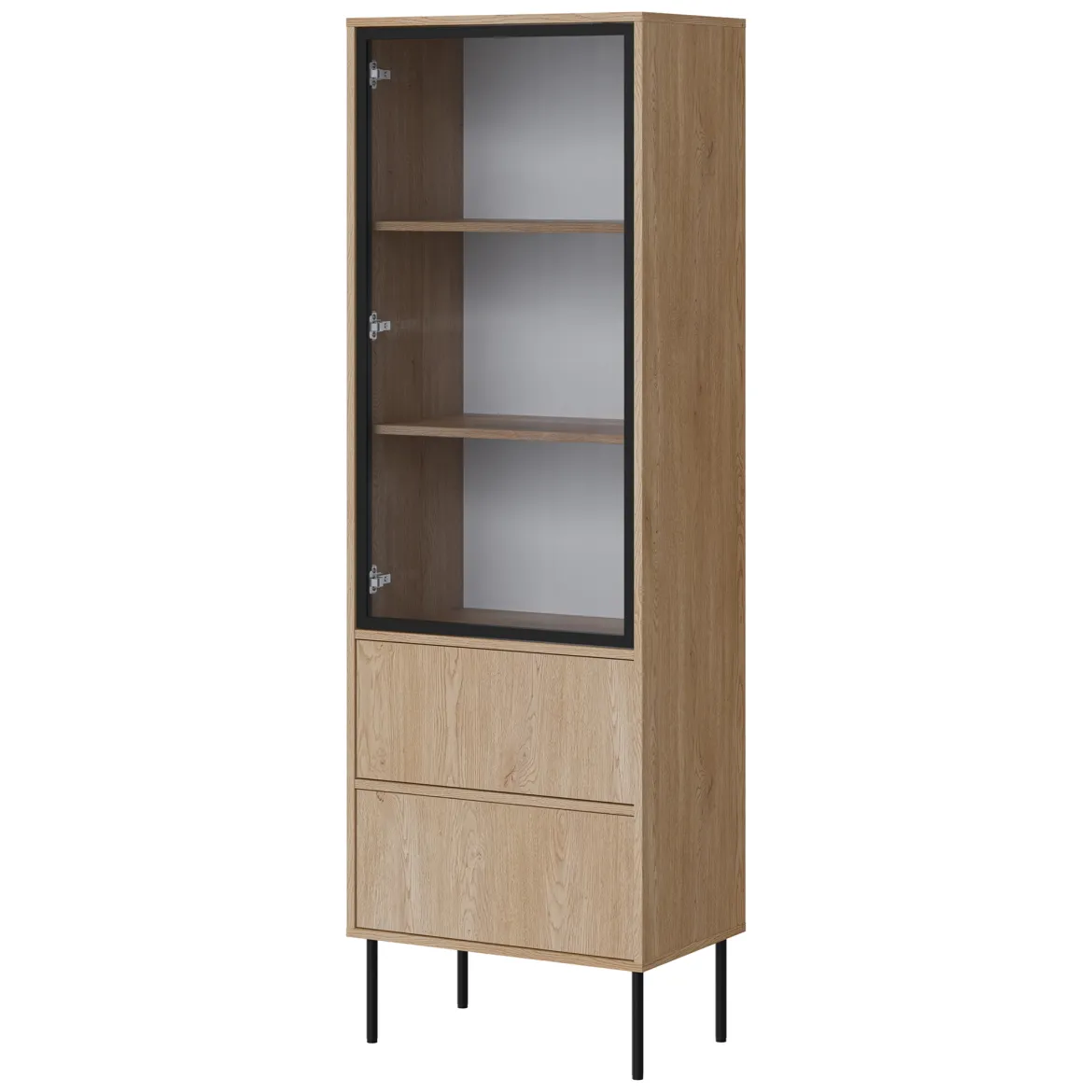 Vetrina Marrone Rovere Nero 2 Ripiani 2 Cassetti 60x40x185h cm, Un'anta - Zanica