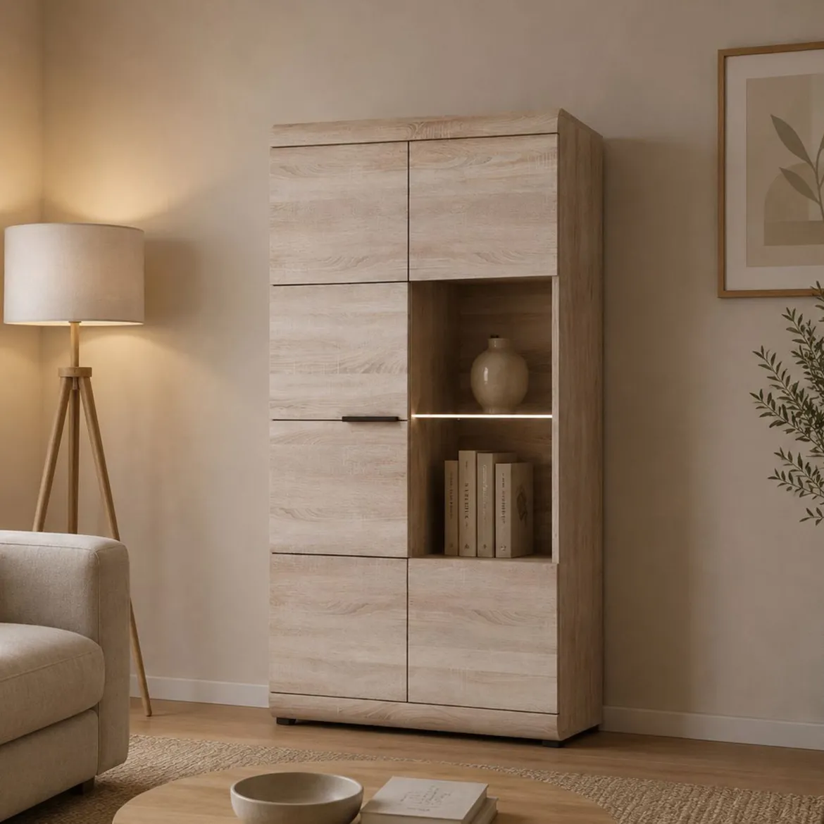 Vetrina Marrone Rovere Nero 8 Ripiani 2 Ante 80x37x194h cm, con led Angoli Arrotondati - Ladara