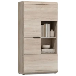 Vetrina Marrone Rovere Nero 8 Ripiani 2 Ante 80x37x194h cm, con led Angoli Arrotondati - Ladara