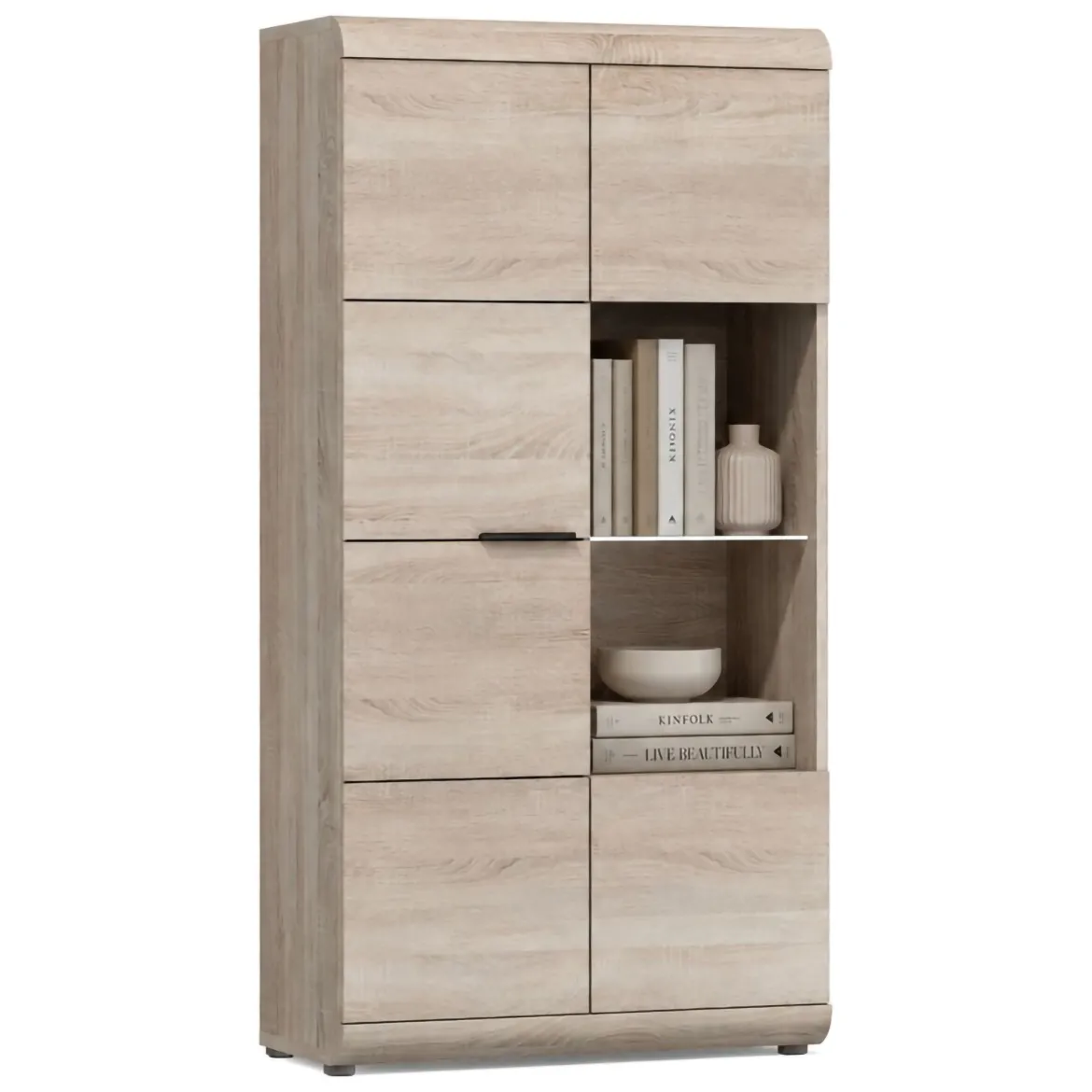 Vetrina Marrone Rovere Nero 8 Ripiani 2 Ante 80x37x194h cm, con led Angoli Arrotondati - Ladara