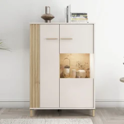 Vetrina Marrone Rovere Nodi Beige 4 Ripiani Cassetti 59.5x40x192.5h cm, Un'anta - Mondaino