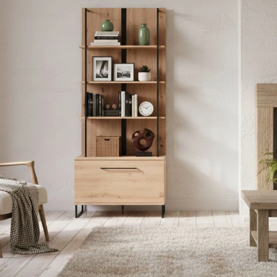 Vetrina Marrone Rovere Nodi Nero 4 Ripiani Un'anta 55x40x193h cm, con Piedini - Calto