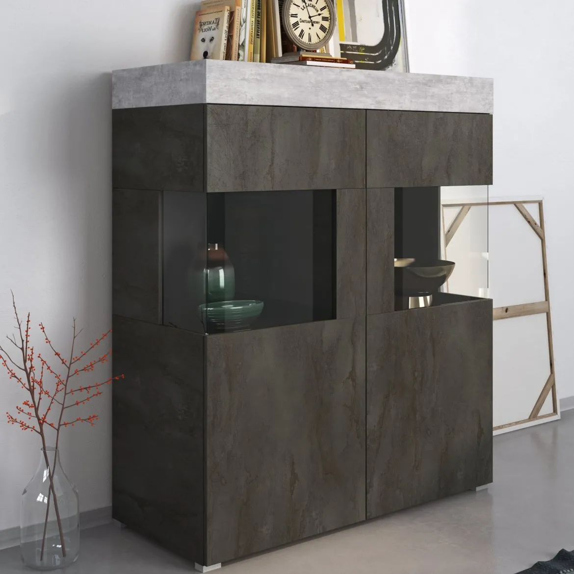 Vetrina Nero Antracite Grigio Cemento 2 Ripiani Cassetti 118x51x140h cm, 2 Ante - Cantiano