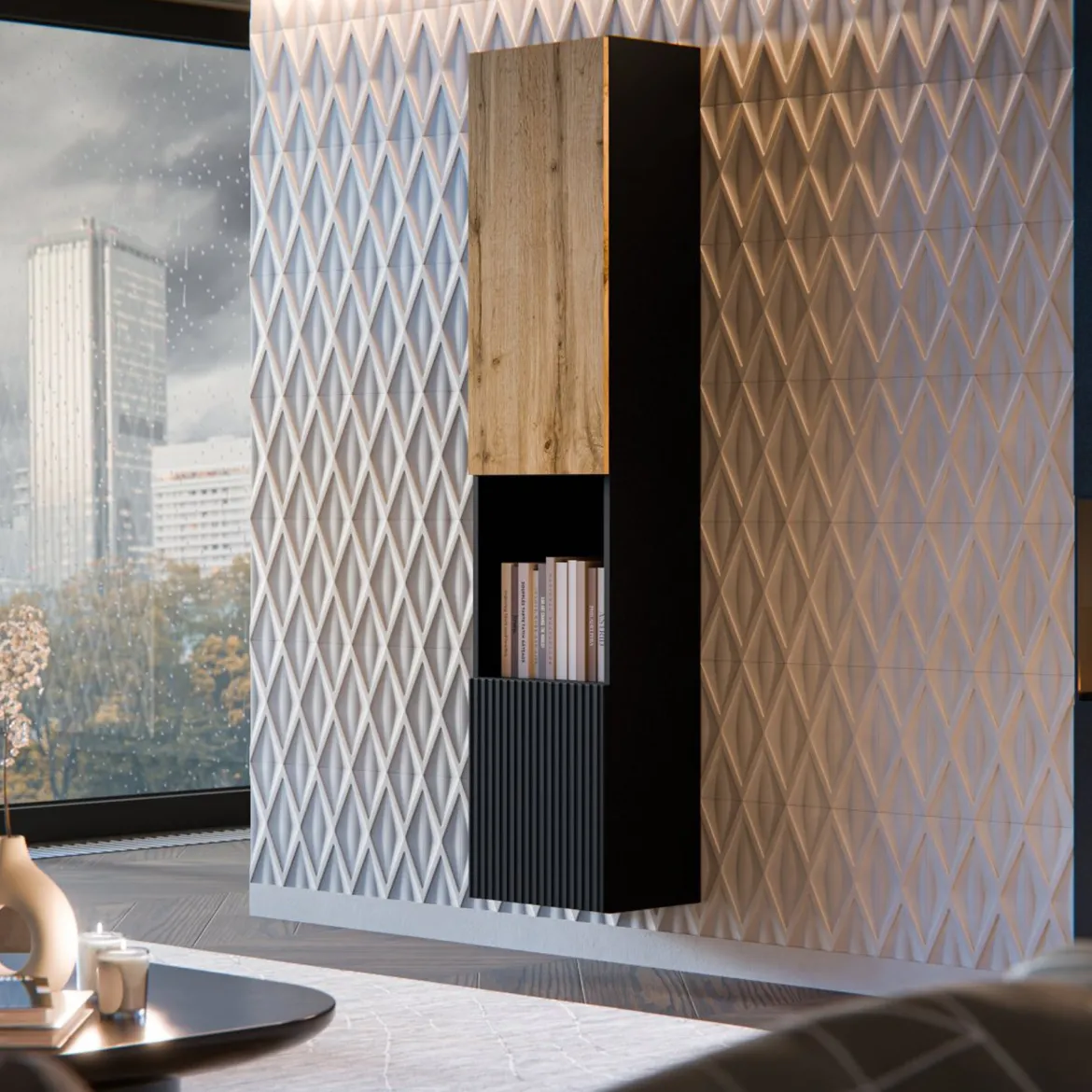 Vetrina Nero Antracite Marrone Rovere 4 Ripiani Un'anta 39.9x29.8x180h cm, Apertura Push Pull - Longano