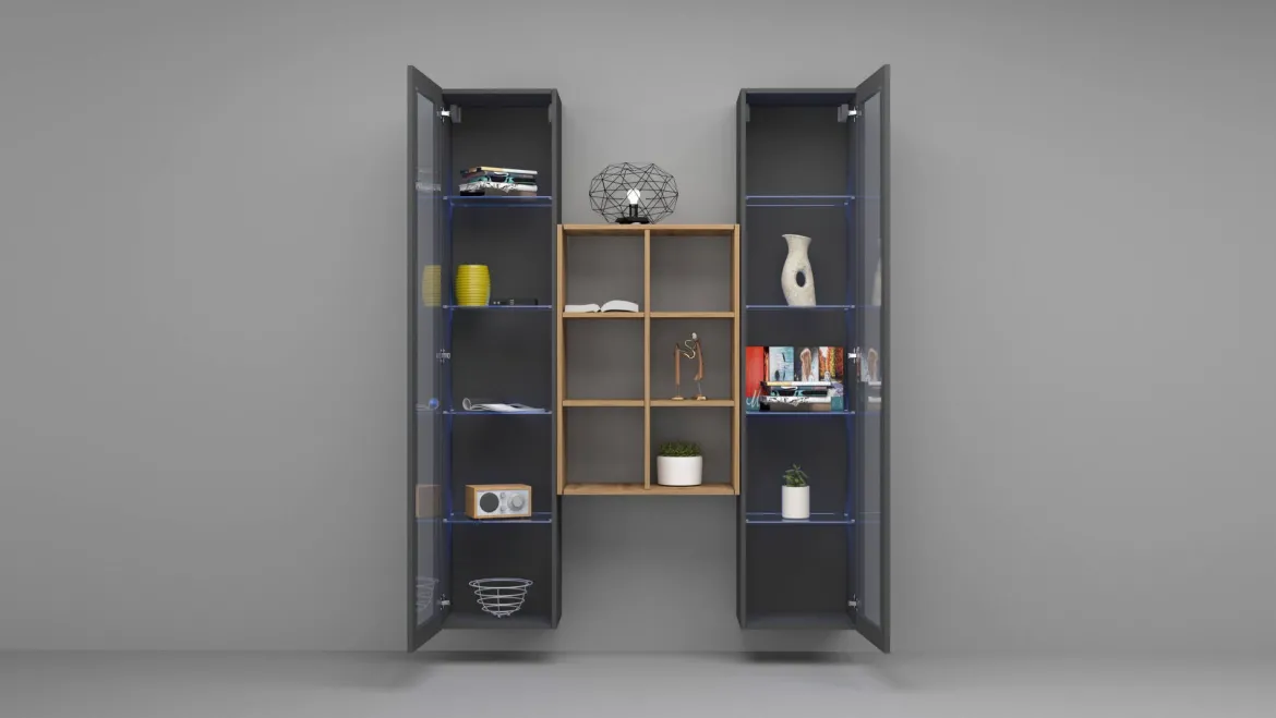 Vetrina Nero Antracite 14 Ripiani Apertura Battente 40x30x180h cm, 2 Ante - Marea